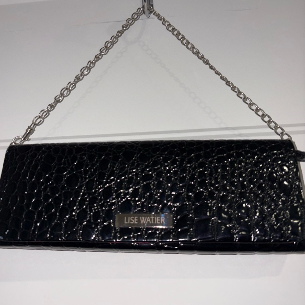 Lise Watier Black Patent Croc-Embossed Clutch with Satin style Pink inside
